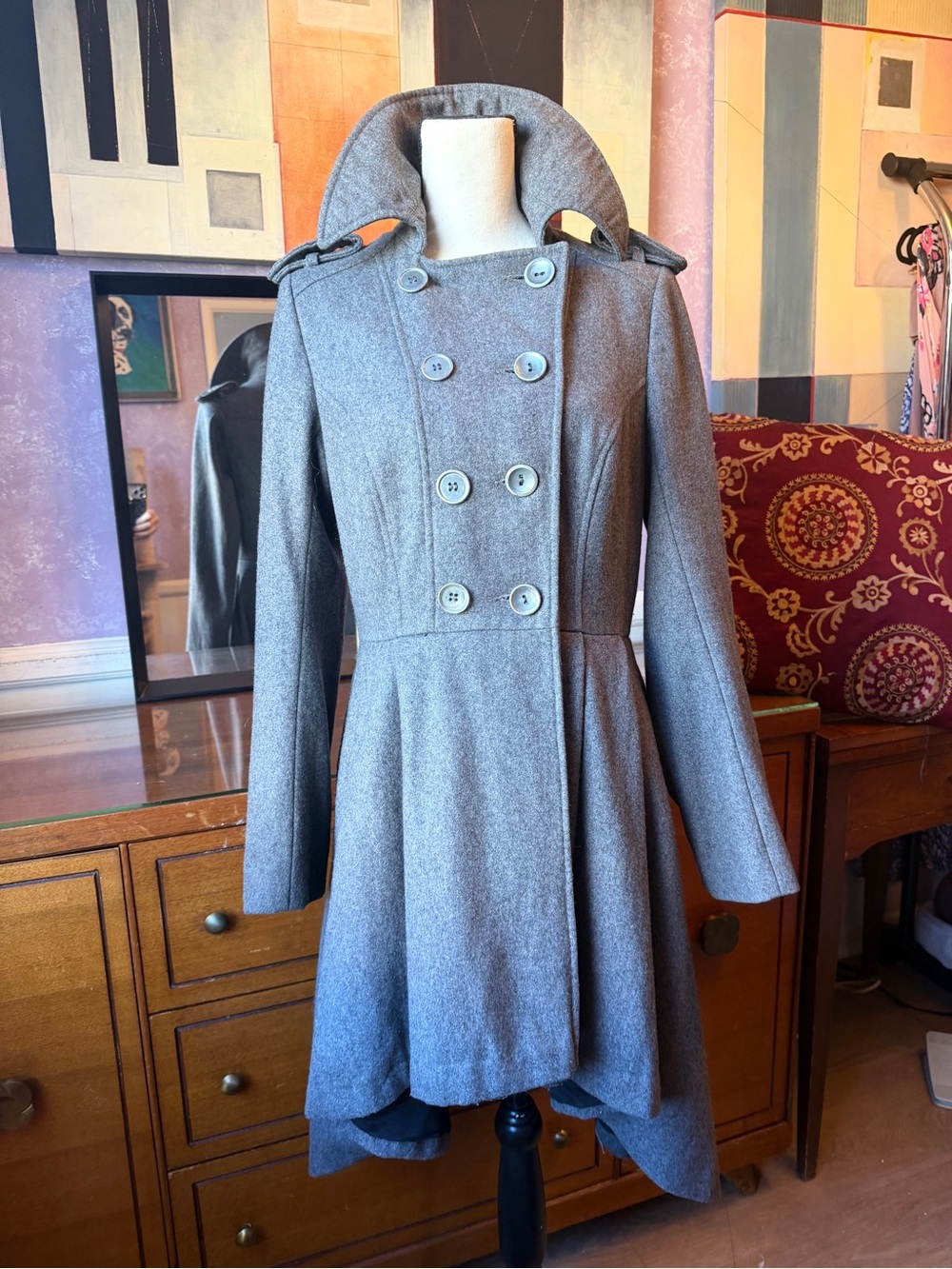 Women's Gray Double-Breasted Fit-and-Flare Pea Coat